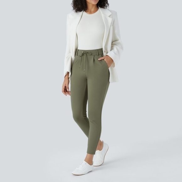 Halara Flex Midrise Drawstring Side Pocket Ankle Length Work Tapered Pant Green - Picture 6 of 15